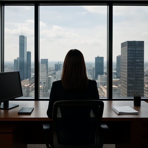 female at desk staring out window view from behind corporate office no letters-1